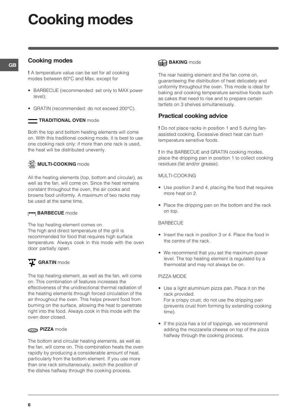 Cooking modes, Practical cooking advice | Indesit IF63K-AIXUK User Manual | Page 6 / 12