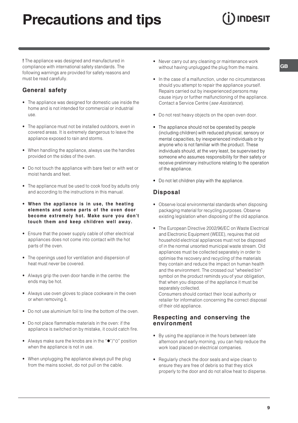 Precautions and tips, General safety, Disposal | Respecting and conserving the environment | Indesit IF63K-AIXUK User Manual | Page 9 / 12