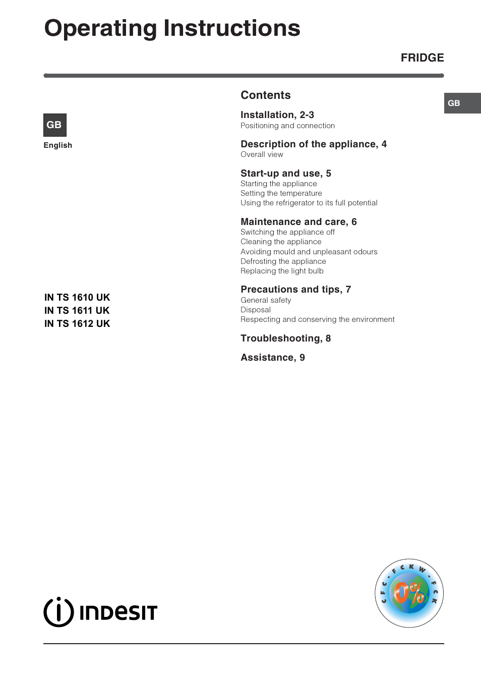 Indesit INTS1610UK User Manual | 12 pages