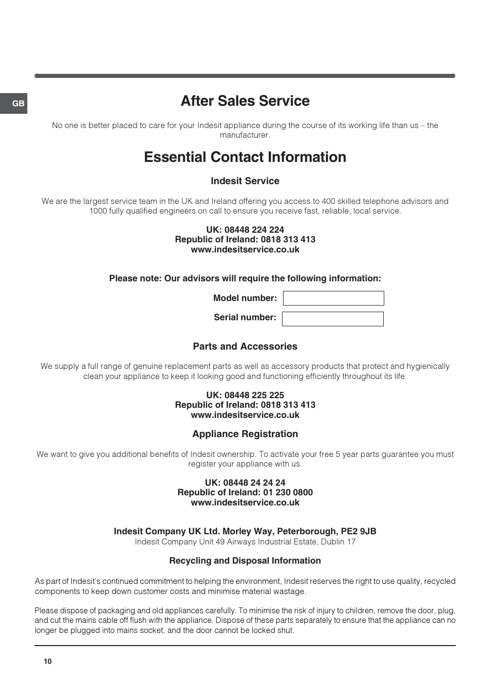 After sales service, Essential contact information | Indesit INTS1610UK User Manual | Page 10 / 12