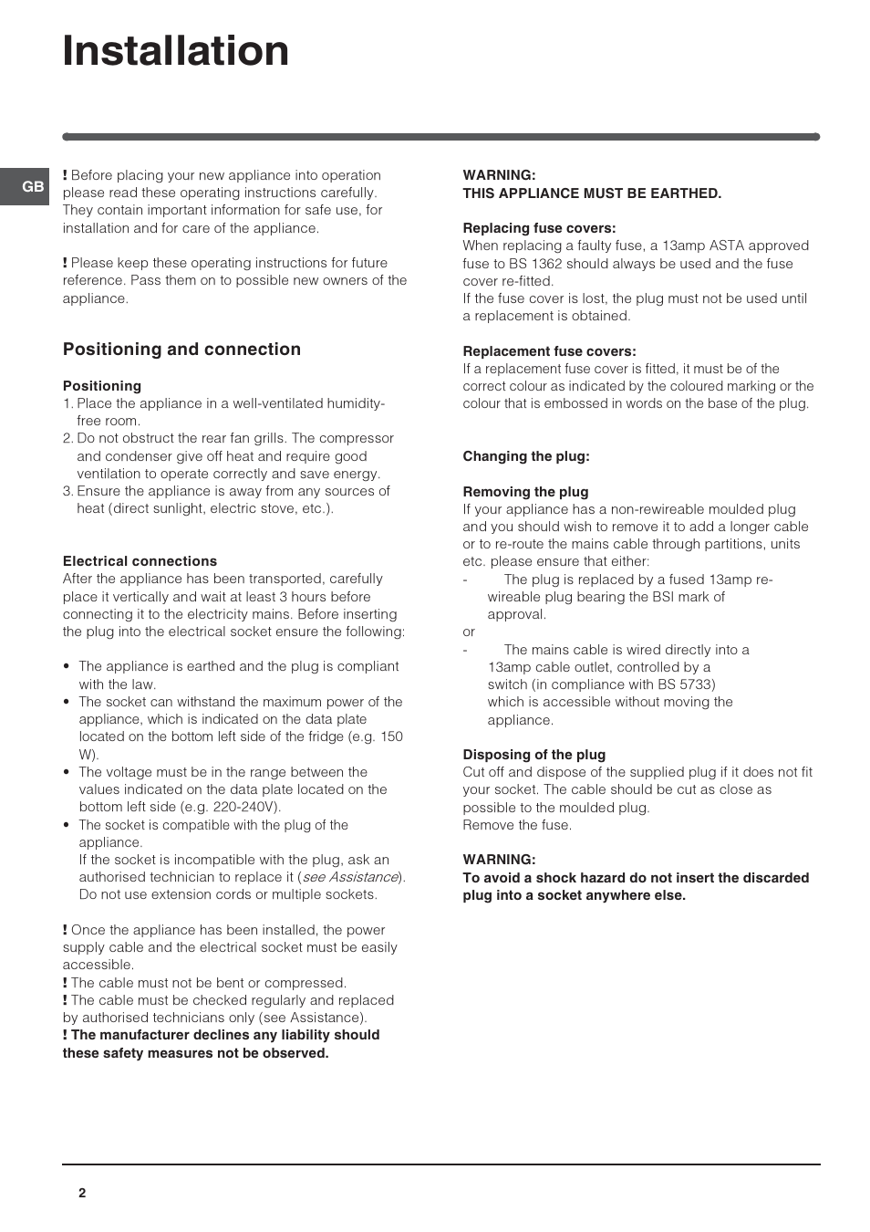 Installation, Positioning and connection | Indesit INTS1610UK User Manual | Page 2 / 12