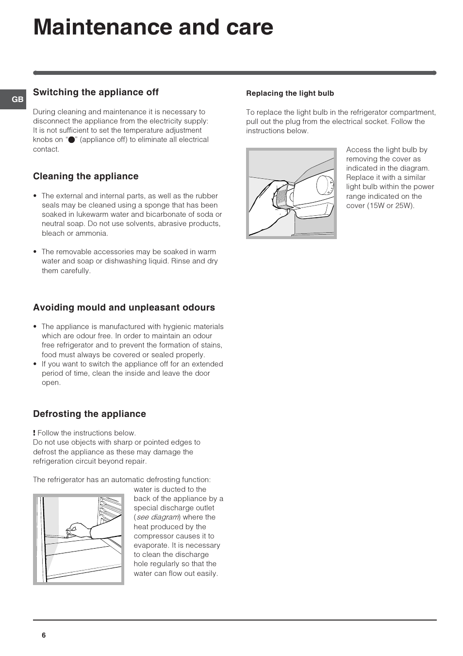 Maintenance and care | Indesit INTS1610UK User Manual | Page 6 / 12