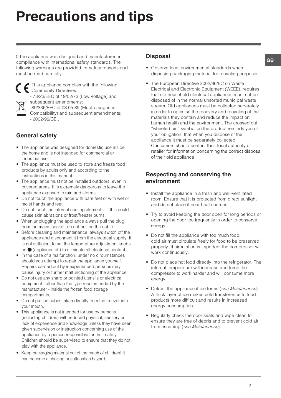 Precautions and tips, Disposal, Respecting and conserving the environment | General safety | Indesit INTS1610UK User Manual | Page 7 / 12