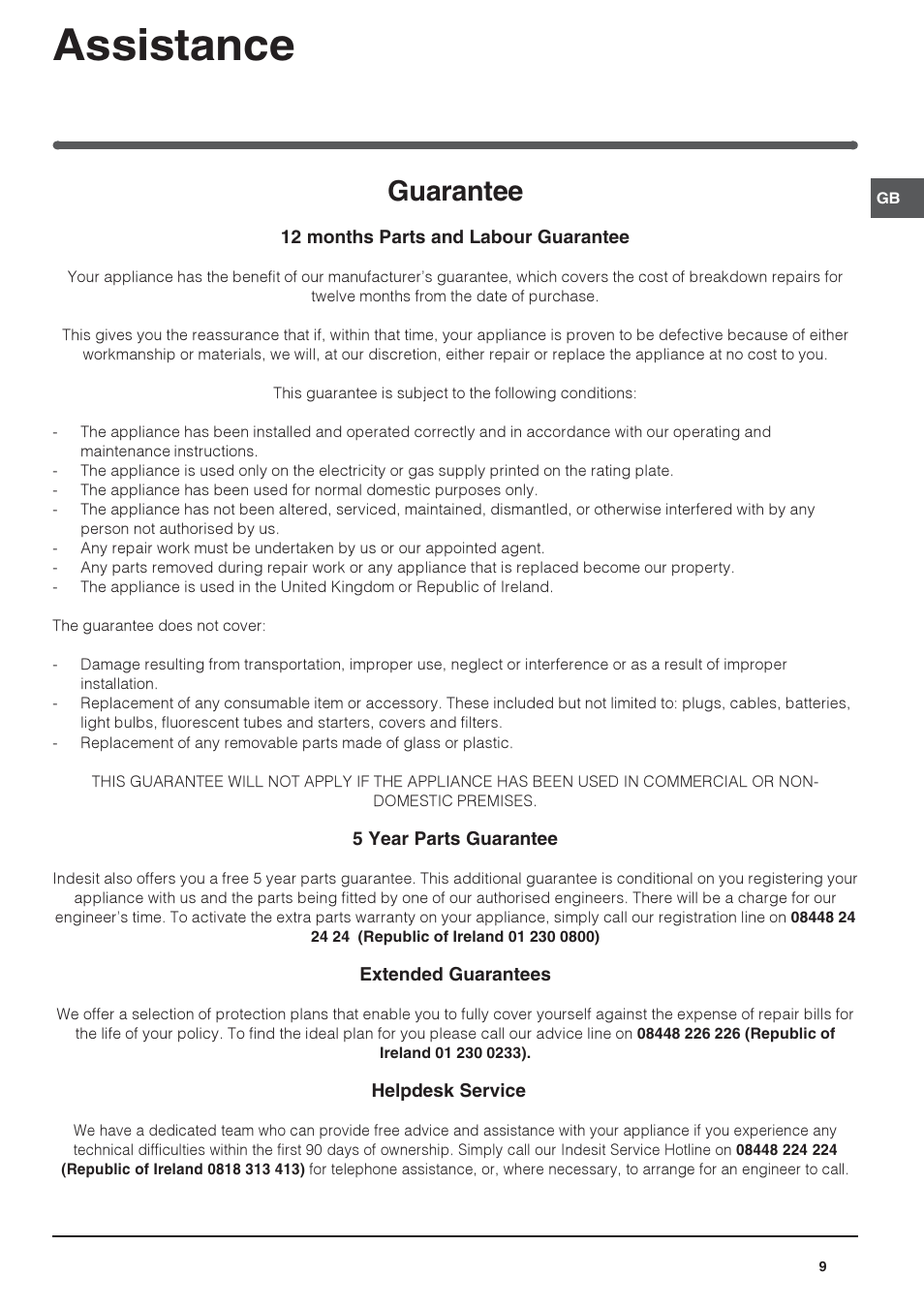 Assistance, Guarantee | Indesit INTS1610UK User Manual | Page 9 / 12