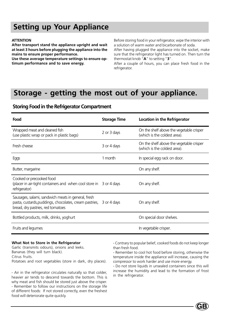Storage - getting the most out of your appliance, Setting up your appliance, Storing food in the refrigerator compartment | Indesit CG1230NR User Manual | Page 11 / 32