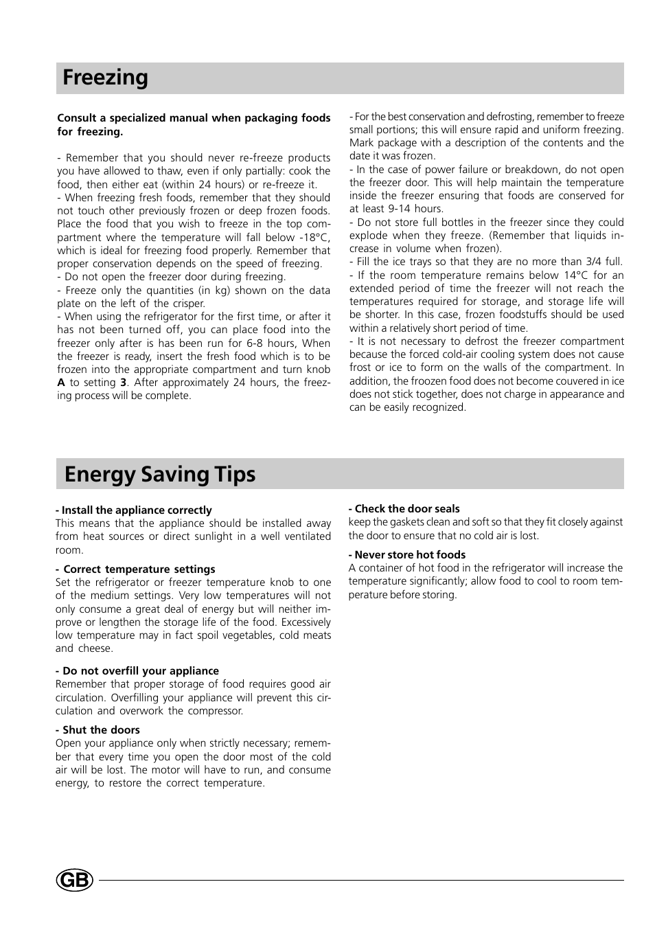 Freezing, Energy saving tips | Indesit CG1230NR User Manual | Page 12 / 32
