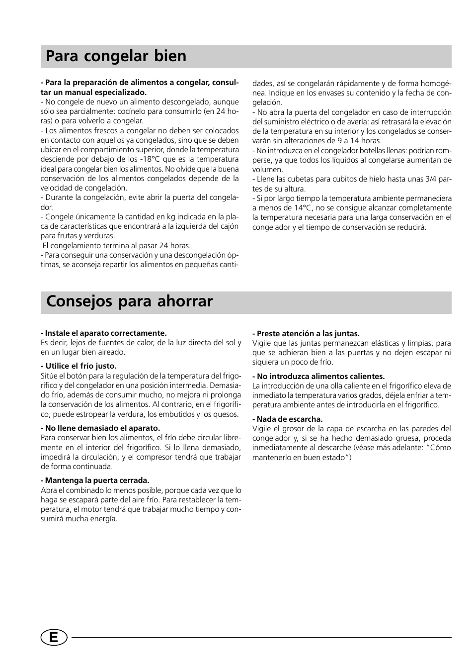 Para congelar bien, Consejos para ahorrar | Indesit CG1230NR User Manual | Page 18 / 32