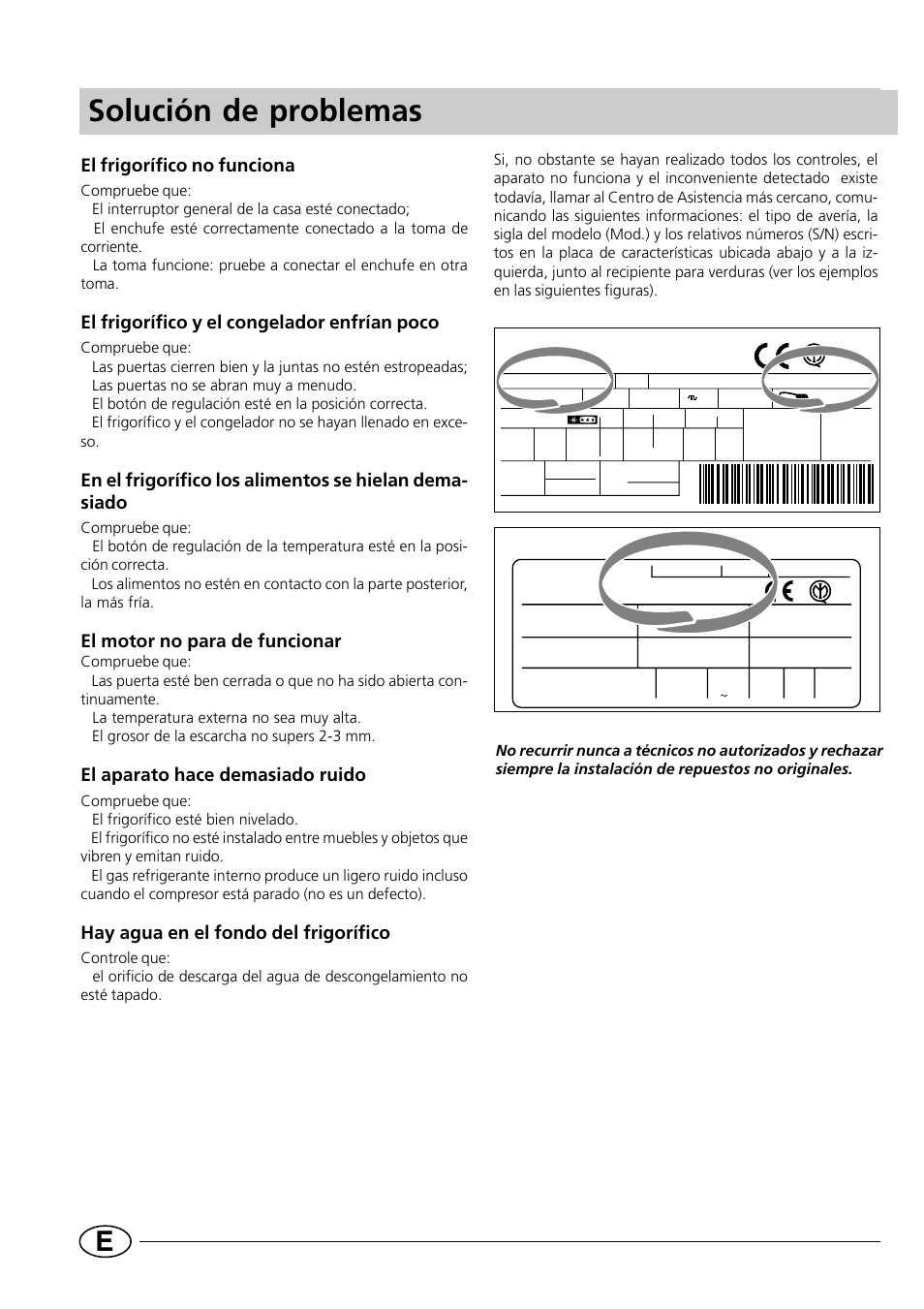 Solución de problemas, El frigorífico no funciona, El frigorífico y el congelador enfrían poco | El motor no para de funcionar, El aparato hace demasiado ruido, Hay agua en el fondo del frigorífico | Indesit CG1230NR User Manual | Page 20 / 32