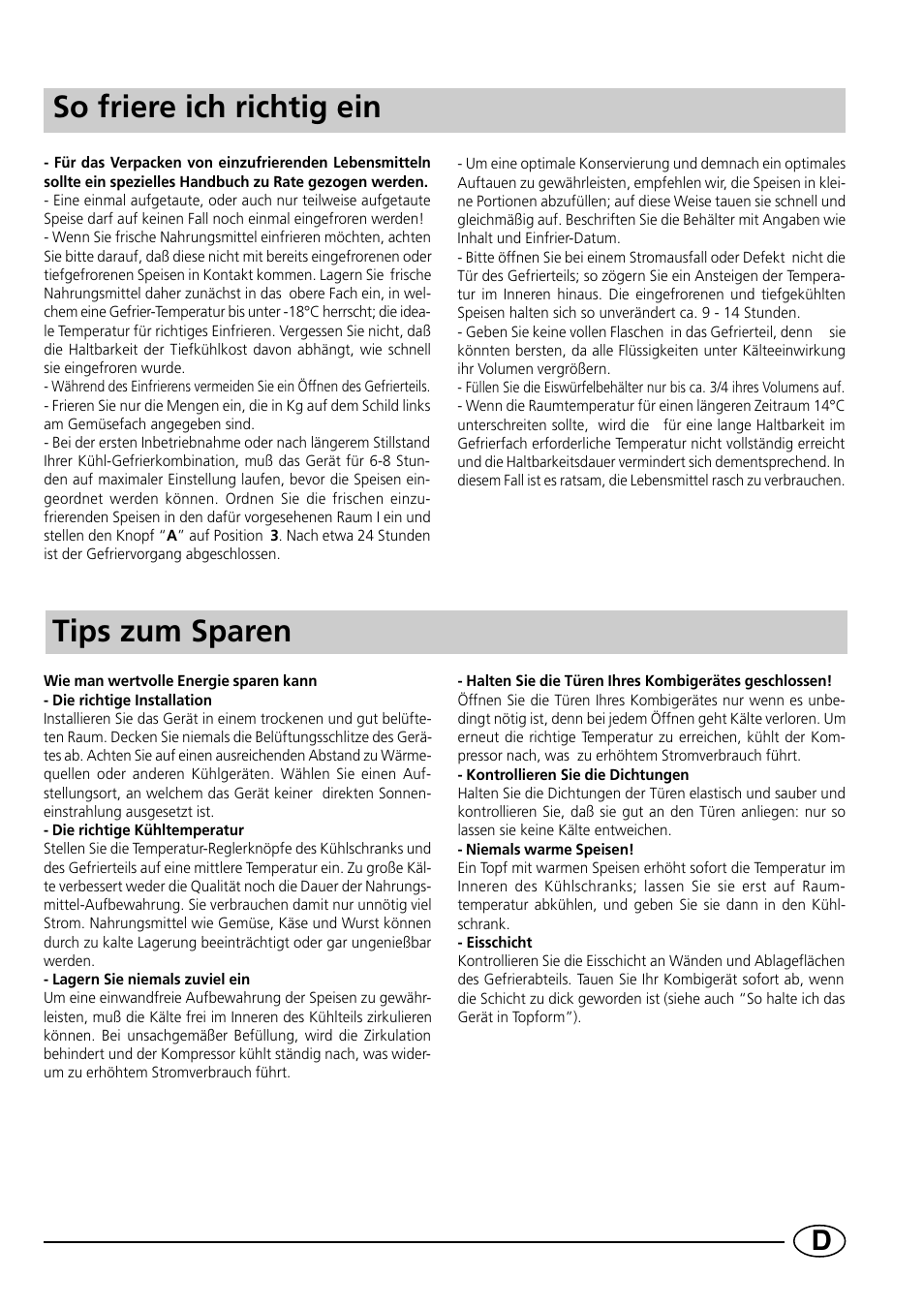 So friere ich richtig ein, Tips zum sparen | Indesit CG1230NR User Manual | Page 31 / 32