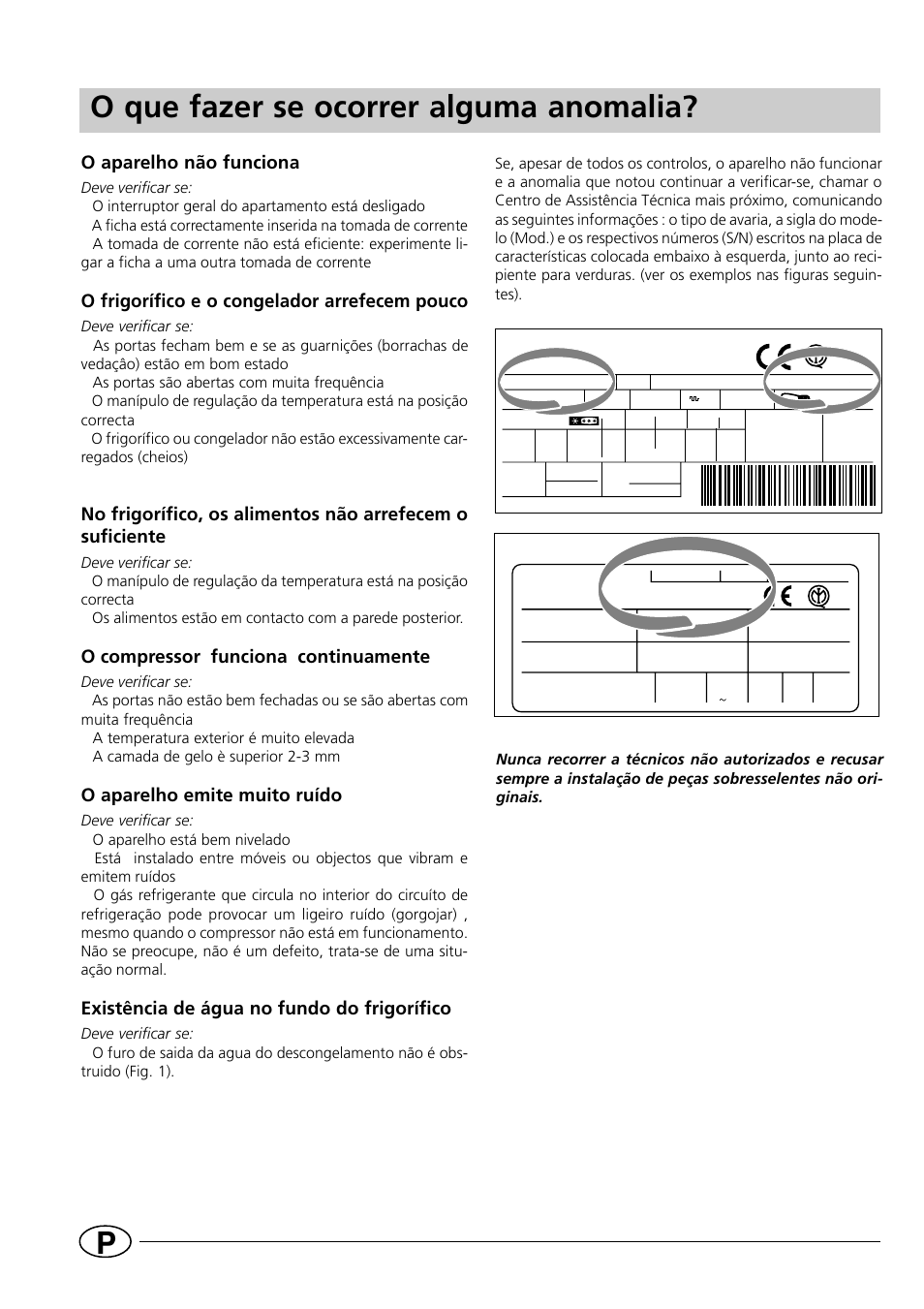 Po que fazer se ocorrer alguma anomalia, O aparelho não funciona, O frigorífico e o congelador arrefecem pouco | O compressor funciona continuamente, O aparelho emite muito ruído, Existência de água no fundo do frigorífico | Indesit CG1230NR User Manual | Page 6 / 32