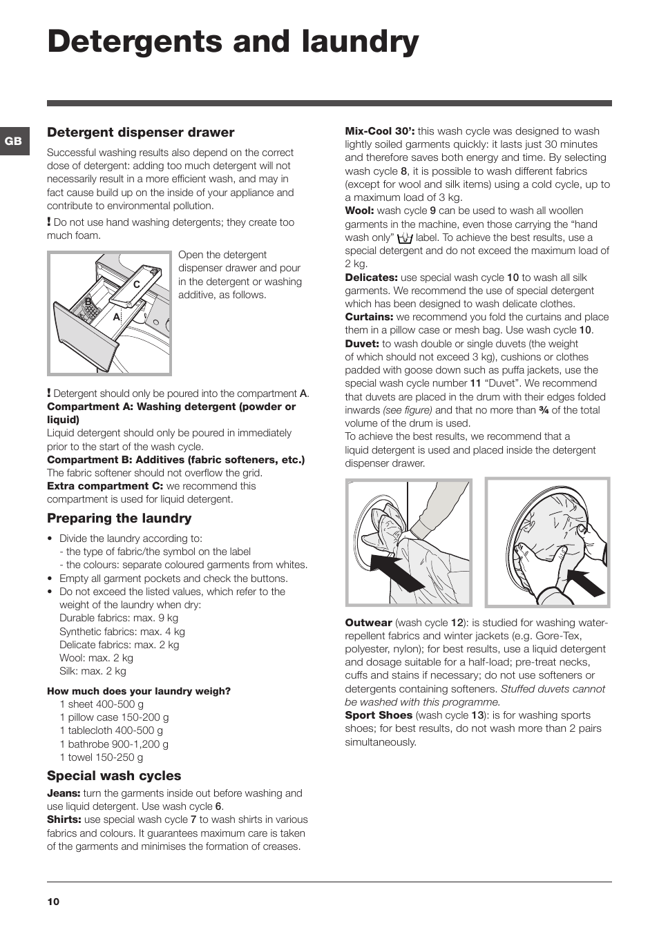 Detergents and laundry | Indesit PWE91472SUKE User Manual | Page 10 / 16