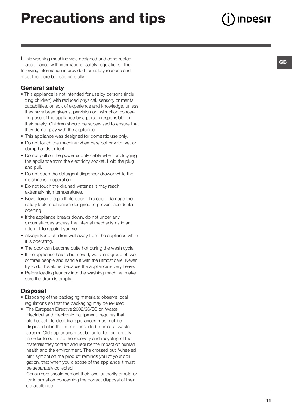 Precautions and tips | Indesit PWE91472SUKE User Manual | Page 11 / 16