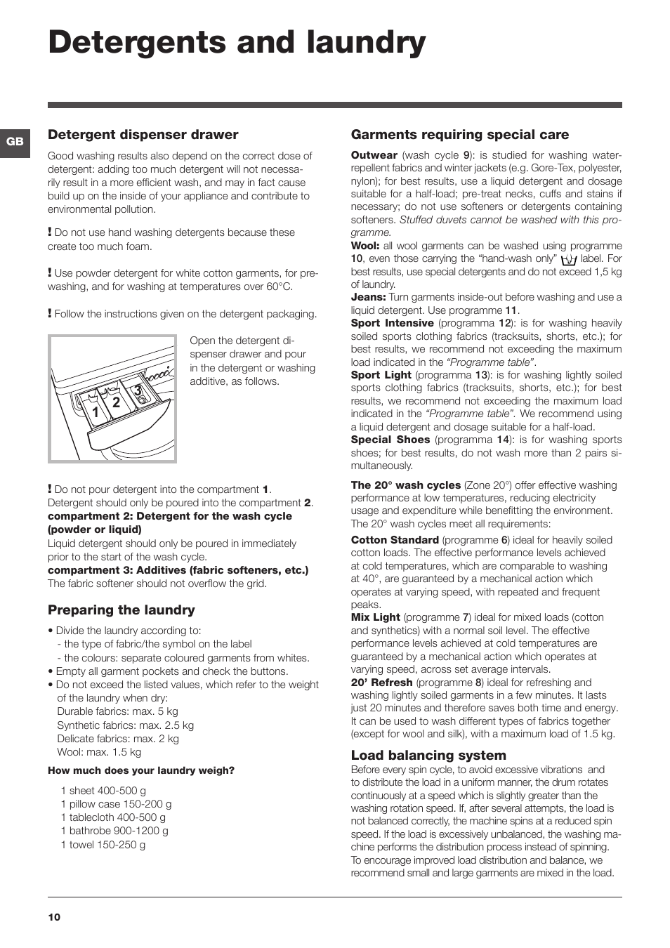 Detergents and laundry | Indesit IWD51231 User Manual | Page 10 / 16