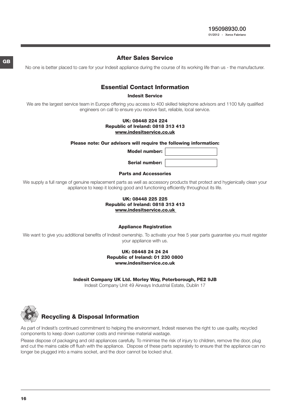 After sales service, Essential contact information, Recycling & disposal information | Indesit IWD51231 User Manual | Page 16 / 16