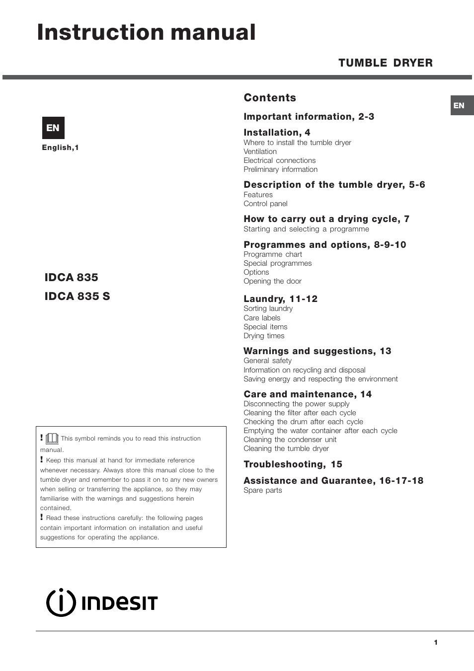 Indesit IDCA835S User Manual | 20 pages