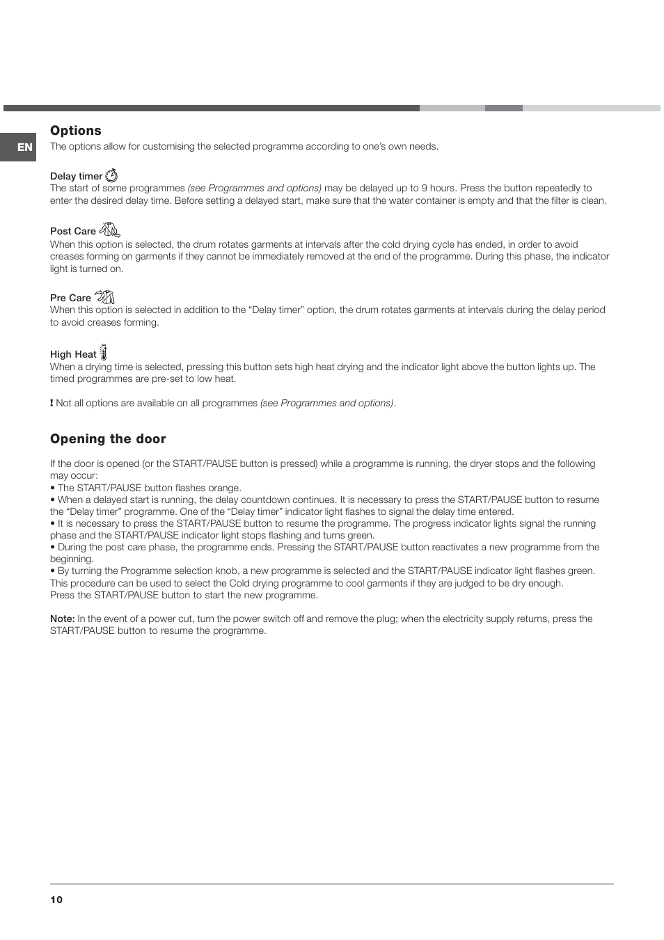 Options, Opening the door | Indesit IDCA835S User Manual | Page 10 / 20