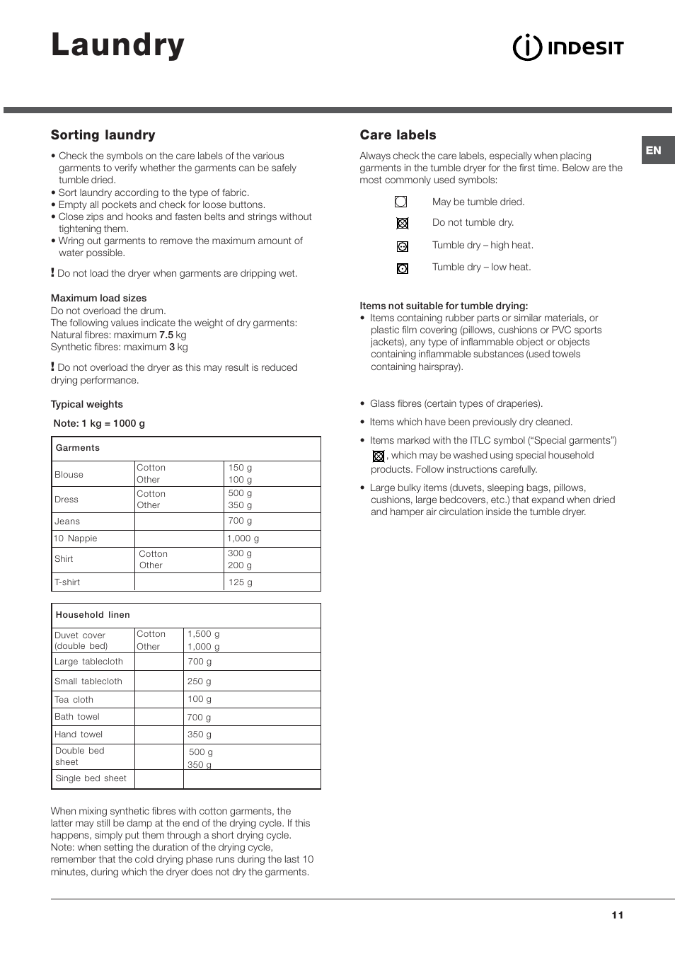 Laundry, Sorting laundry, Care labels | Indesit IDCA835S User Manual | Page 11 / 20