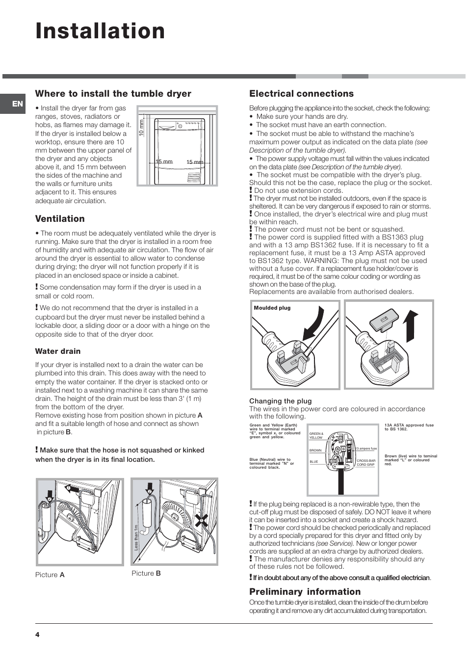 Installation, Where to install the tumble dryer, Ventilation | Electrical connections, Preliminary information | Indesit IDCA835S User Manual | Page 4 / 20