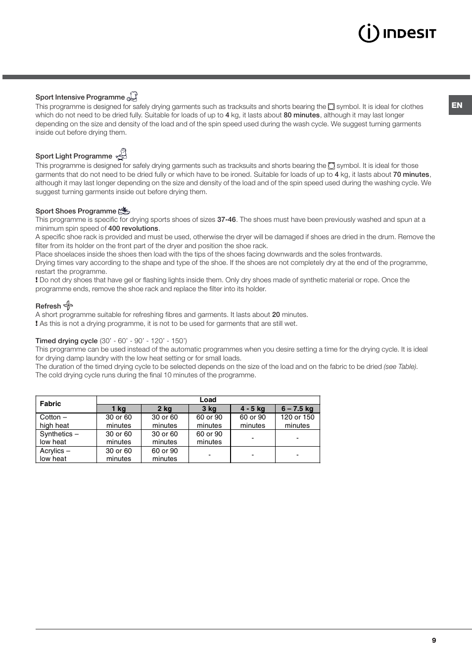 Indesit IDCA835S User Manual | Page 9 / 20