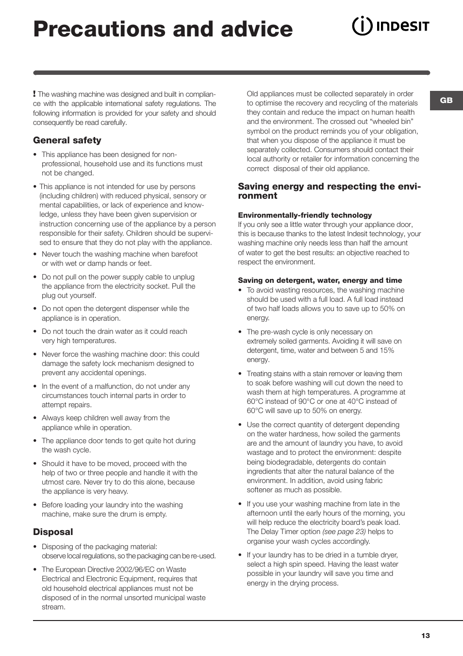 Precautions and advice | Indesit IWME126UKE User Manual | Page 13 / 20