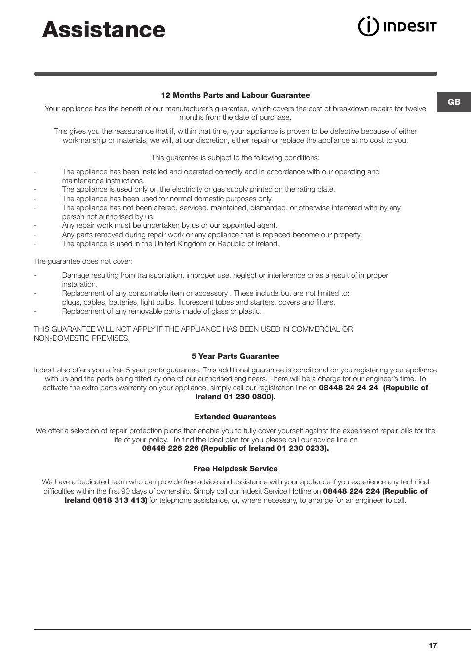 Assistance | Indesit IWME126UKE User Manual | Page 17 / 20