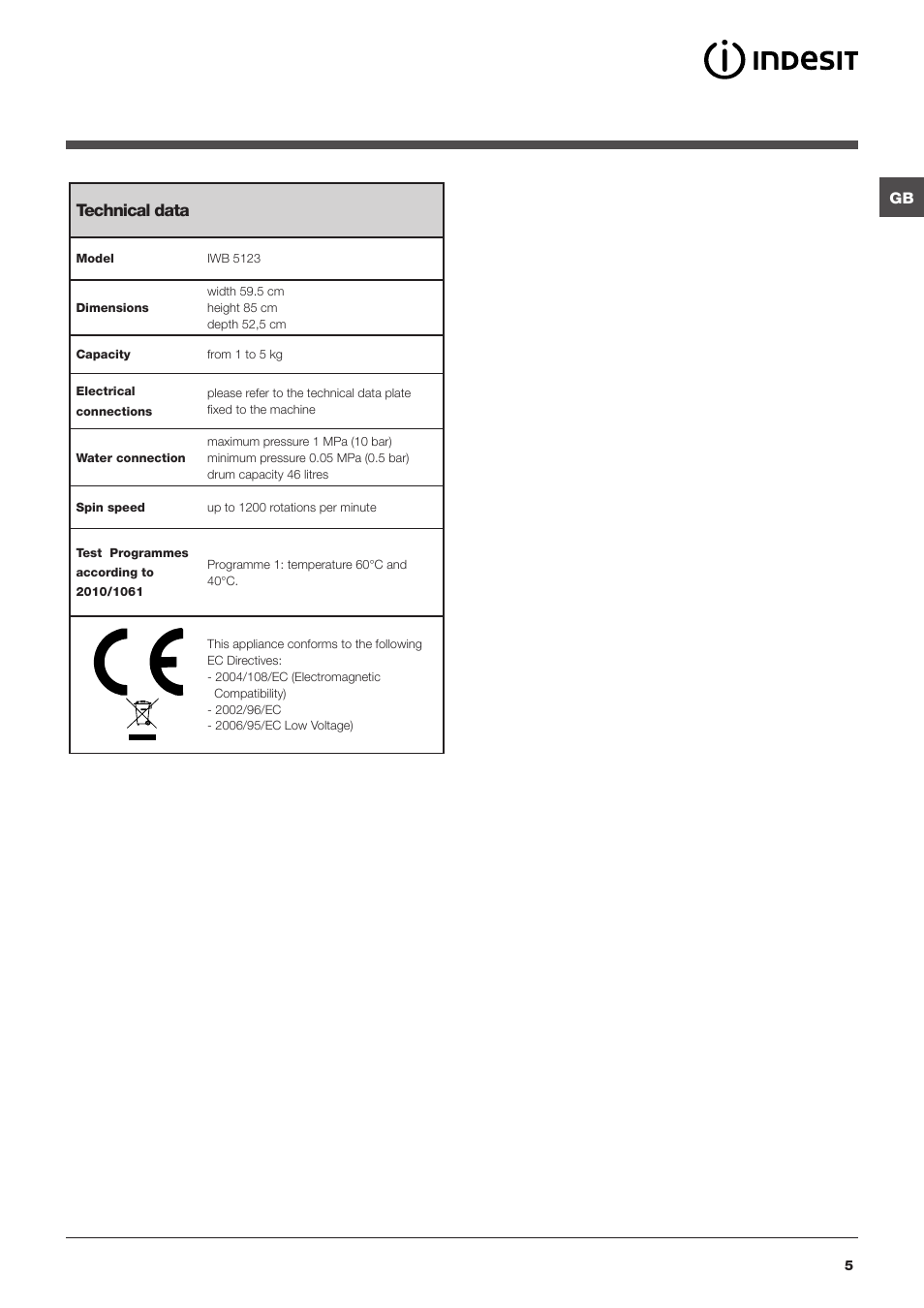 Technical data | Indesit IWB5123UKE User Manual | Page 5 / 16