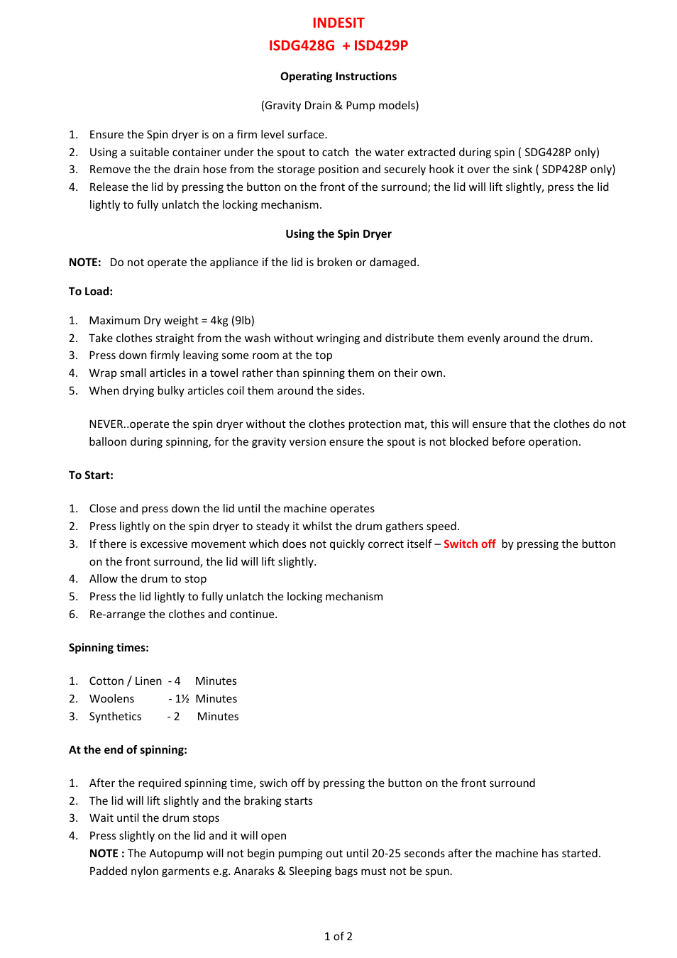 Indesit ISDG428P User Manual | 2 pages