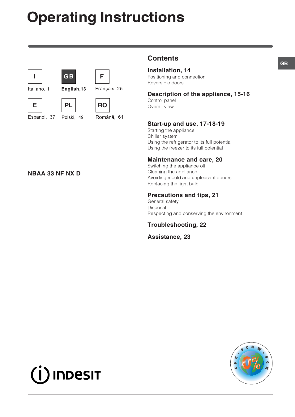Indesit NBAA33NF User Manual | 12 pages