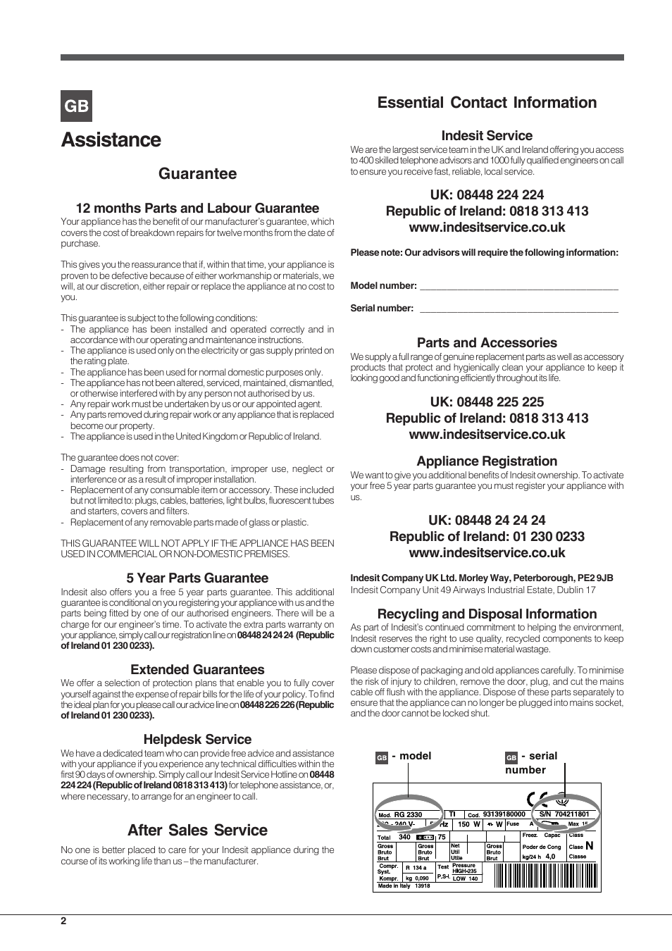 Assistance, Essential contact information, Guarantee | After sales service, Indesit service, Parts and accessories, Recycling and disposal information, 12 months parts and labour guarantee, 5 year parts guarantee, Extended guarantees | Indesit PBAA34VDUKRL User Manual | Page 2 / 12
