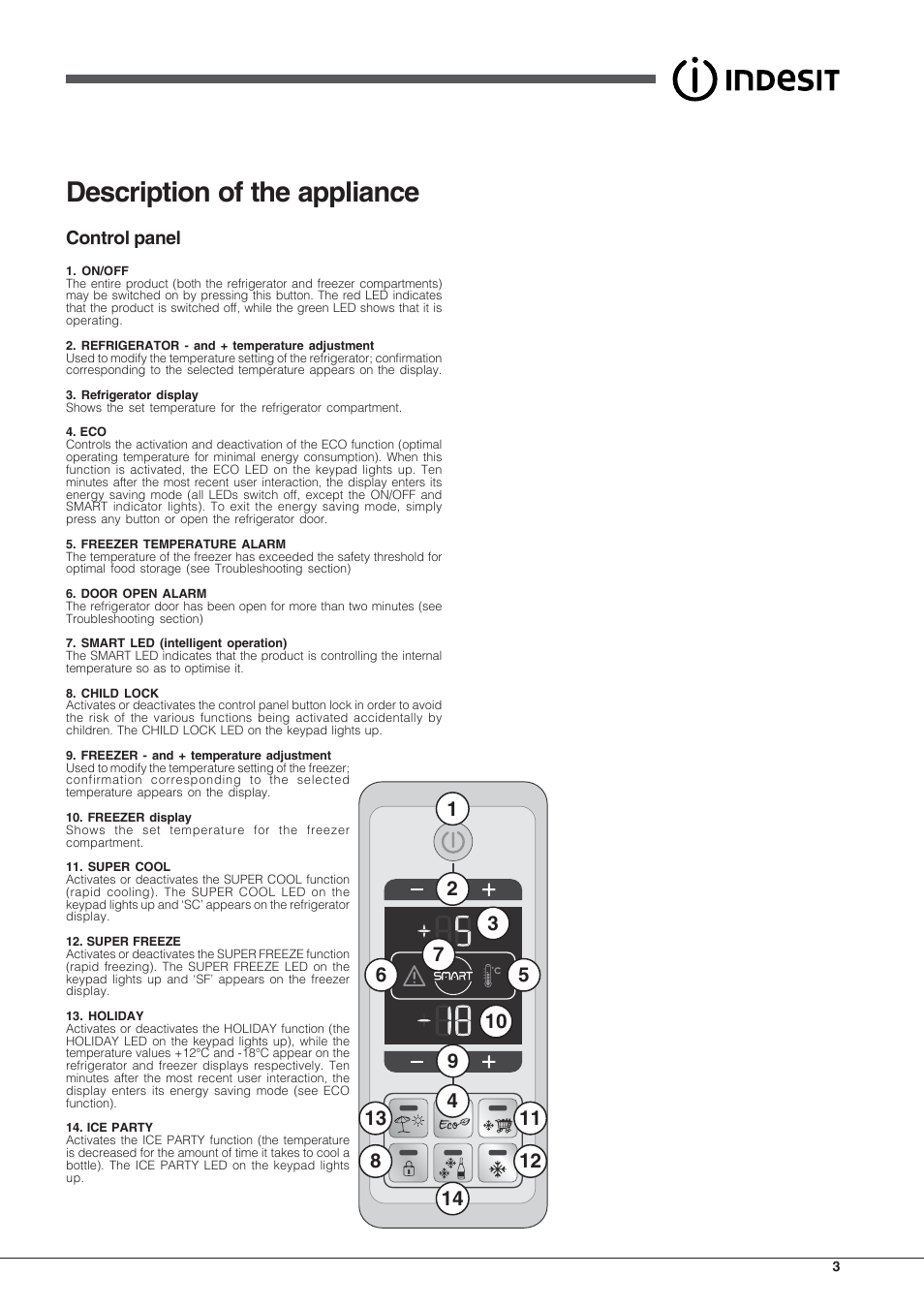 Description of the appliance, Control panel | Indesit PBAA34VDUKRL User Manual | Page 3 / 12