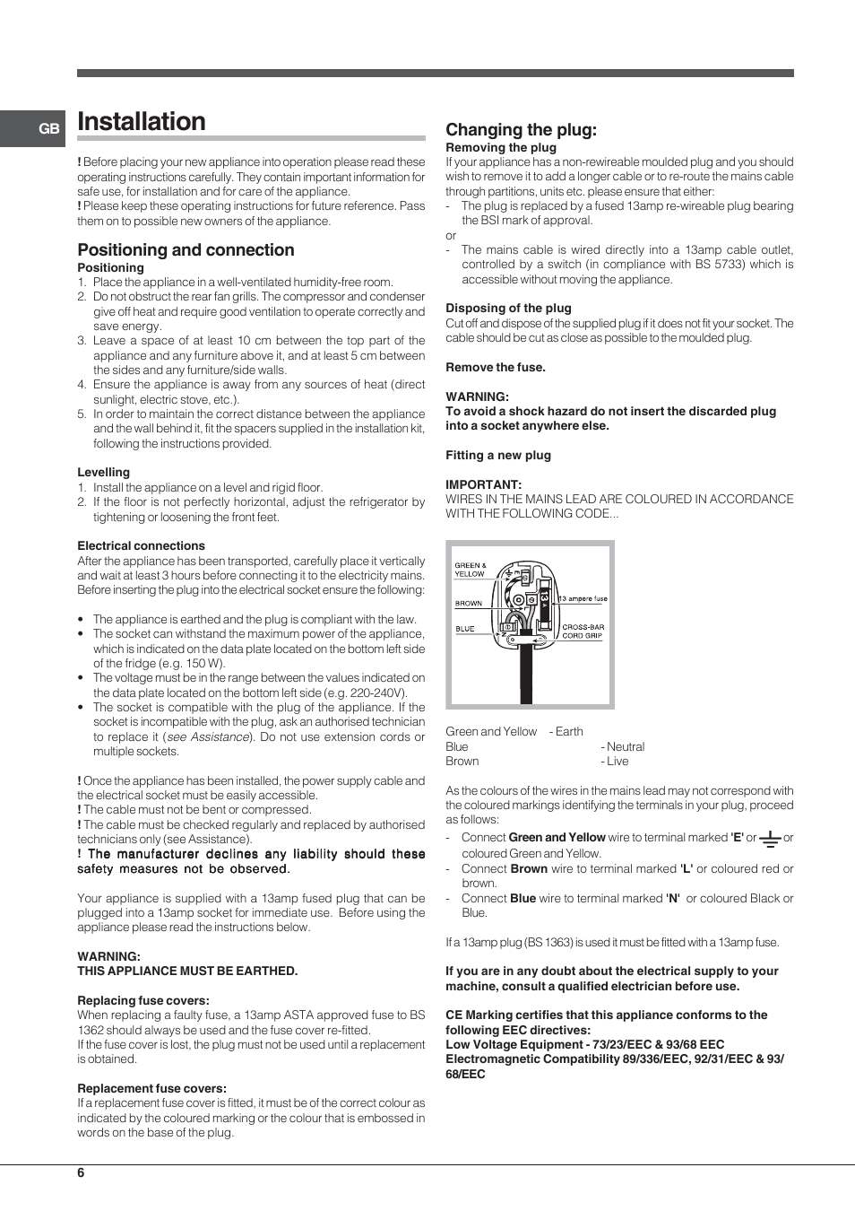 Installation, Positioning and connection, Changing the plug | Indesit PBAA34VDUKRL User Manual | Page 6 / 12