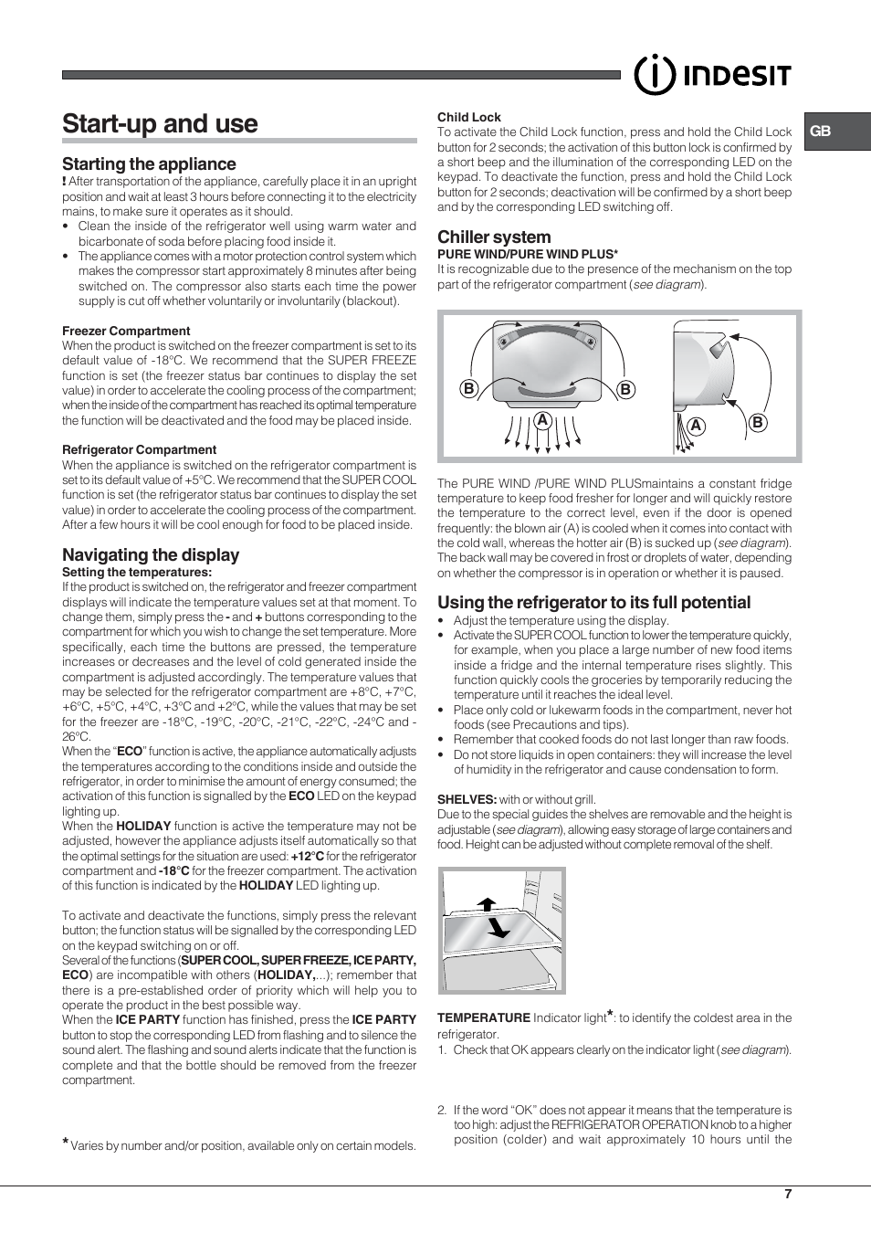 Start-up and use, Starting the appliance, Navigating the display | Chiller system, Using the refrigerator to its full potential | Indesit PBAA34VDUKRL User Manual | Page 7 / 12