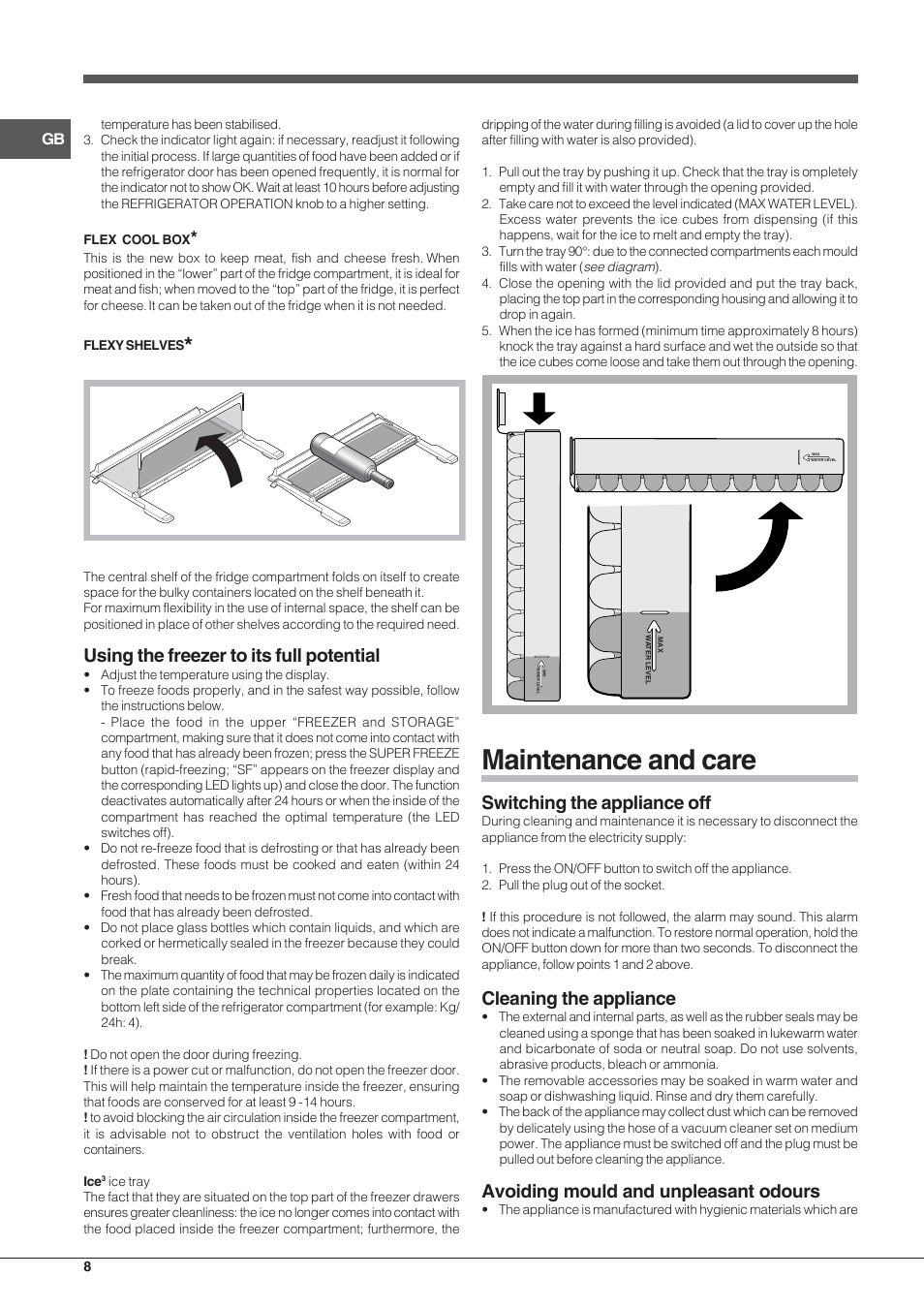 Maintenance and care, Using the freezer to its full potential, Switching the appliance off | Cleaning the appliance, Avoiding mould and unpleasant odours | Indesit PBAA34VDUKRL User Manual | Page 8 / 12