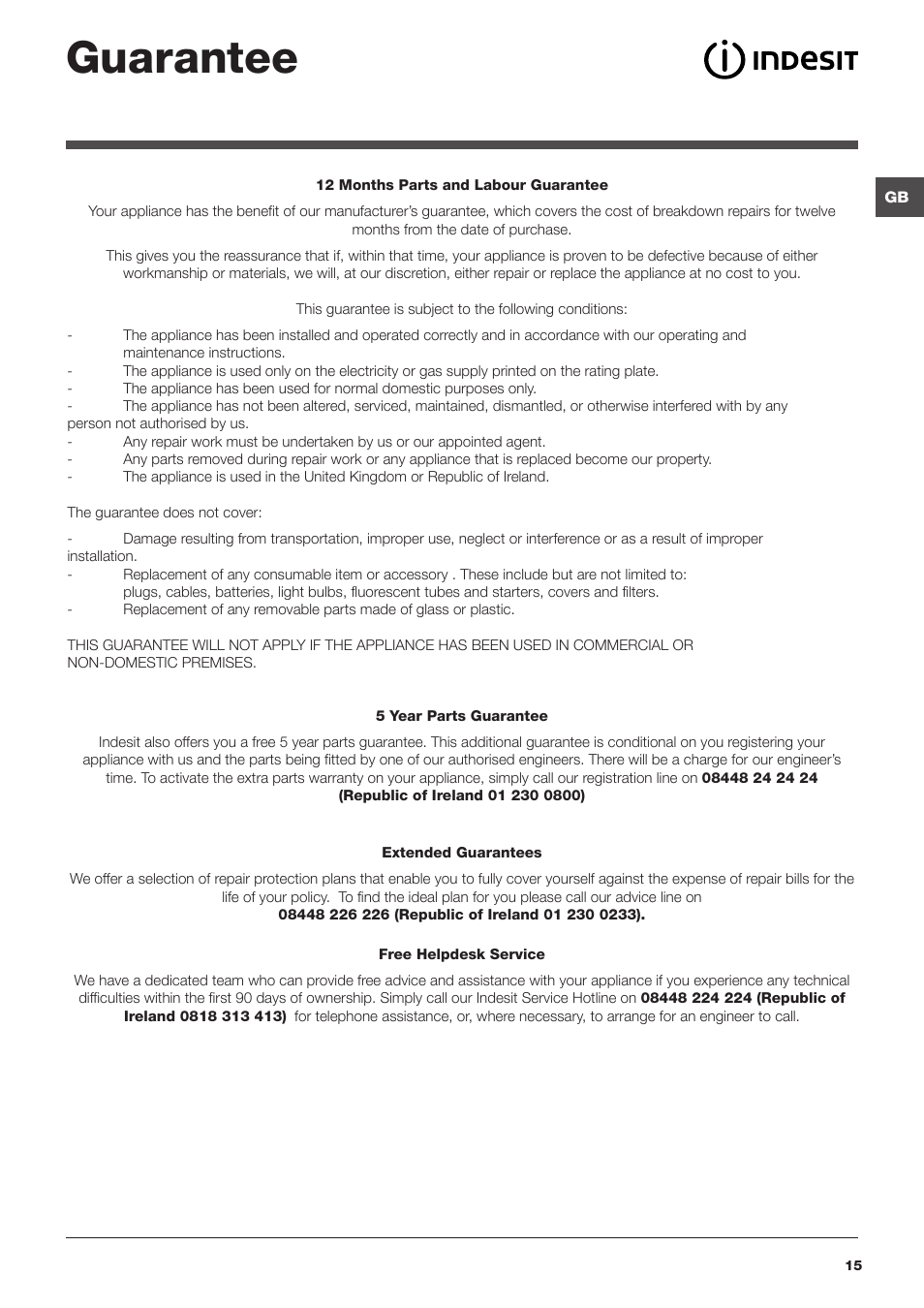 Guarantee | Indesit IWD7145 User Manual | Page 15 / 16