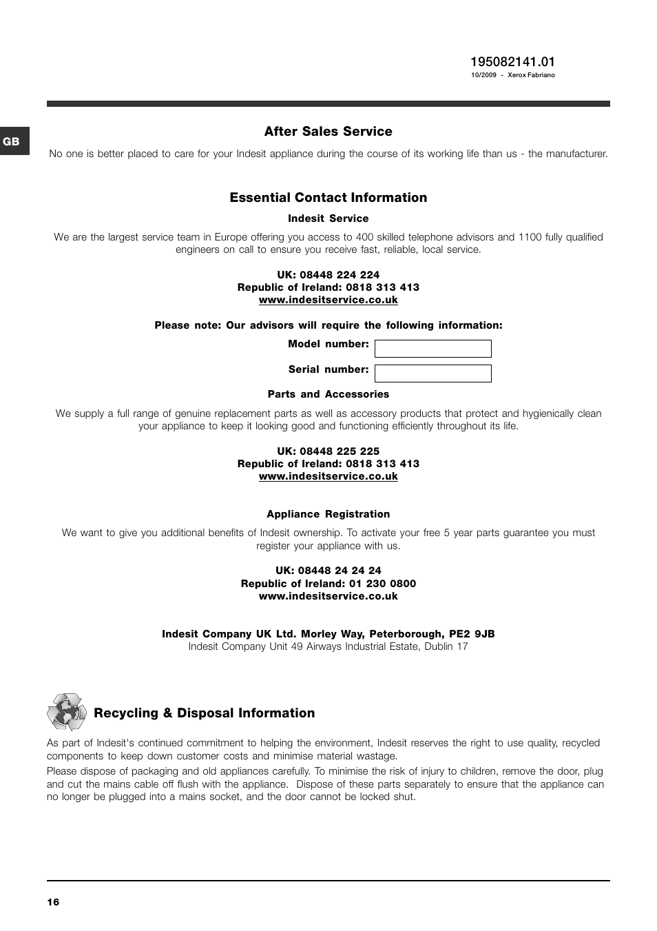 After sales service, Essential contact information, Recycling & disposal information | Indesit IWC6105 User Manual | Page 16 / 16