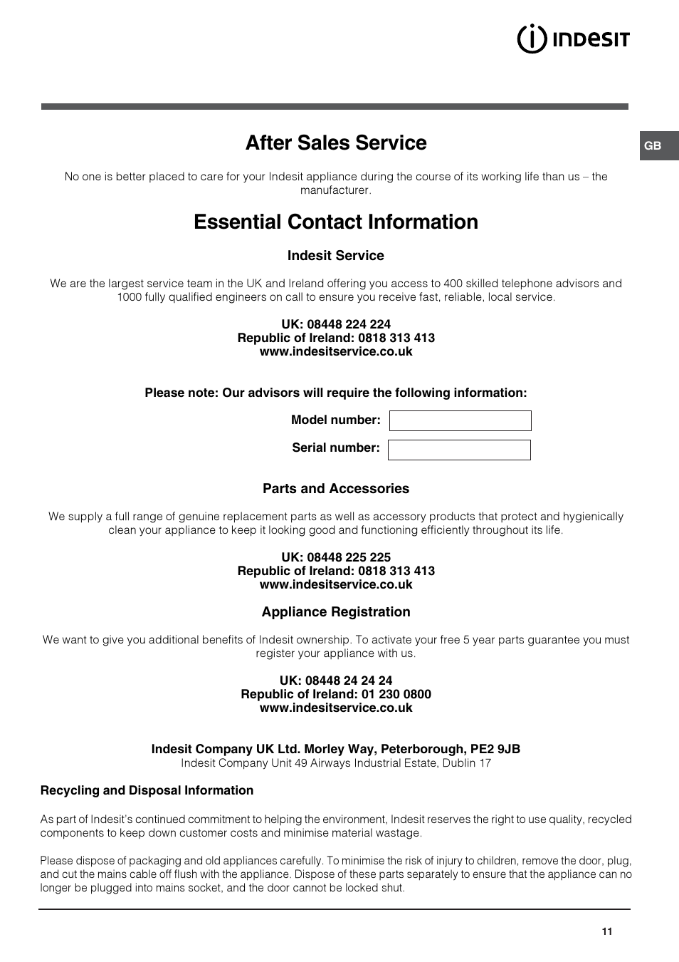 After sales service, Essential contact information | Indesit BAAN10S User Manual | Page 11 / 12