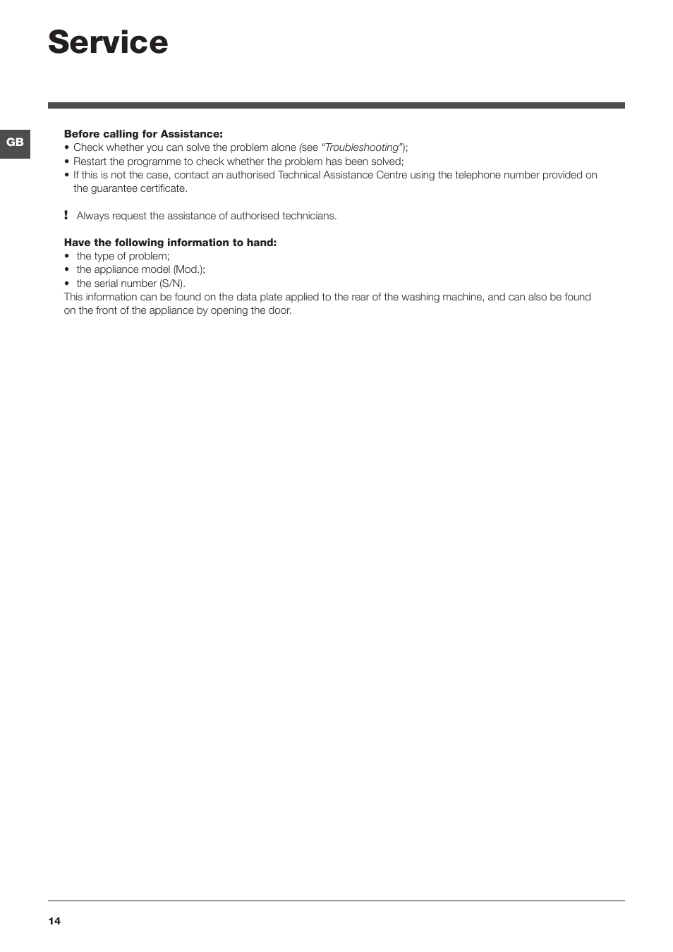 Service | Indesit IWD7168 User Manual | Page 14 / 16