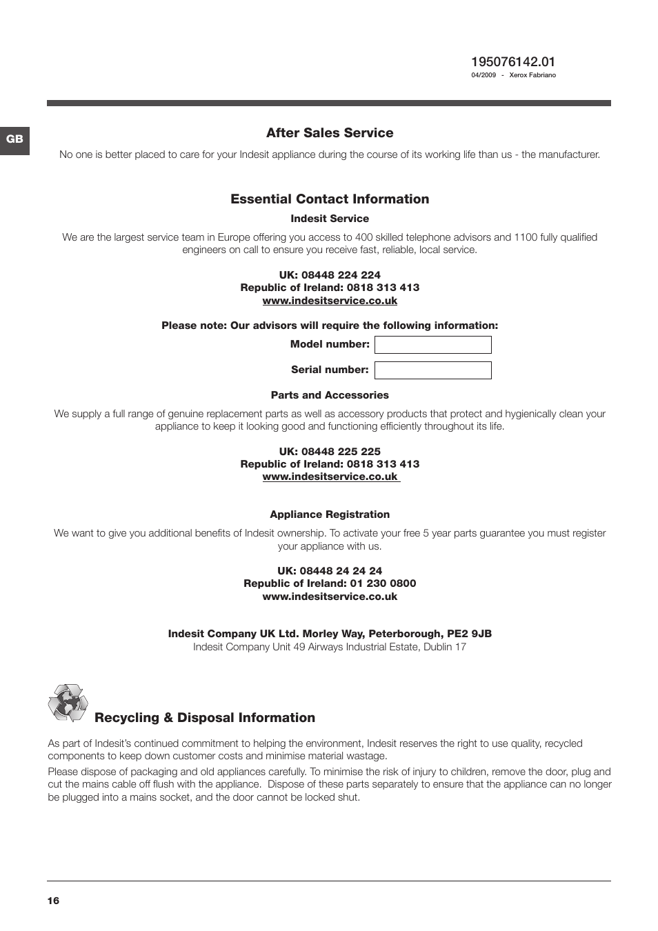 After sales service, Essential contact information, Recycling & disposal information | Indesit IWD7168 User Manual | Page 16 / 16