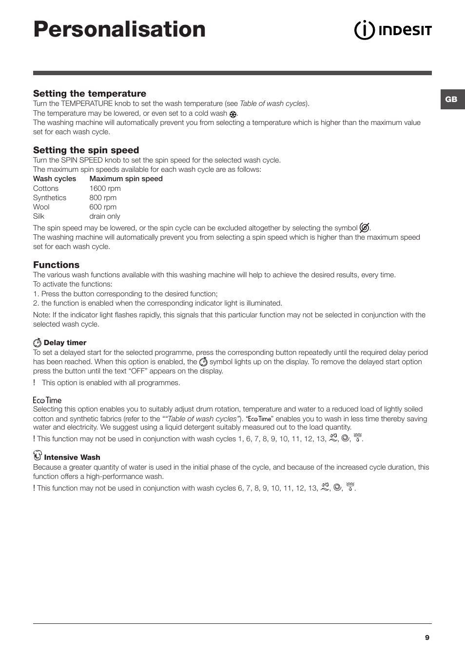 Personalisation | Indesit IWD7168 User Manual | Page 9 / 16