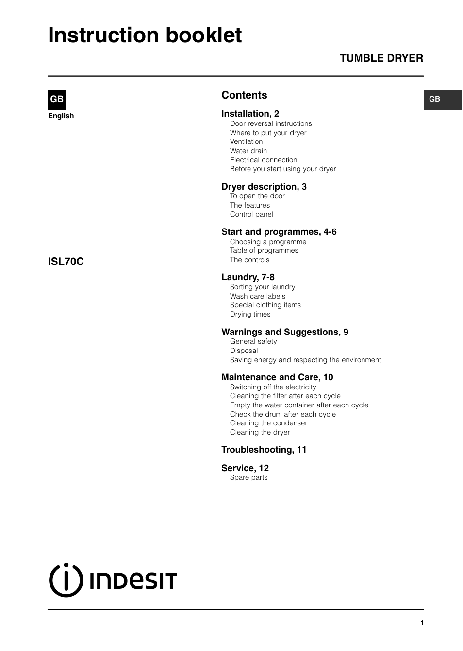 Indesit ISL70C Before 29 Apr 06 User Manual | 12 pages