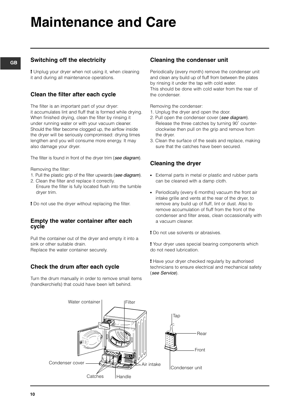 Maintenance and care | Indesit ISL70C Before 29 Apr 06 User Manual | Page 10 / 12