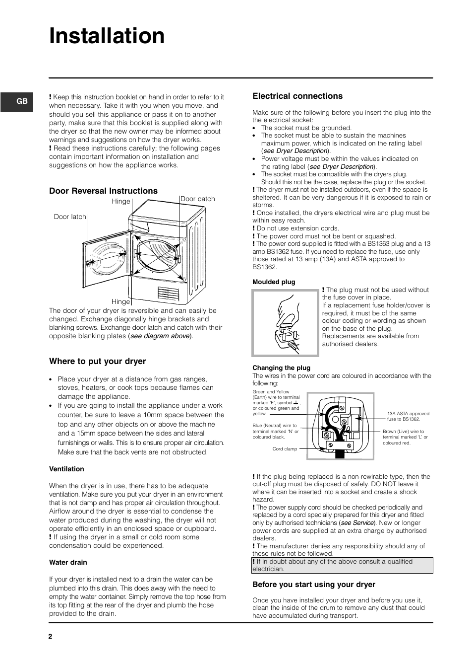 Installation, Door reversal instructions, Where to put your dryer | Electrical connections | Indesit ISL70C Before 29 Apr 06 User Manual | Page 2 / 12