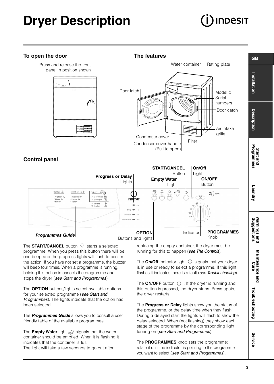 Dryer description, Control panel | Indesit ISL70C Before 29 Apr 06 User Manual | Page 3 / 12