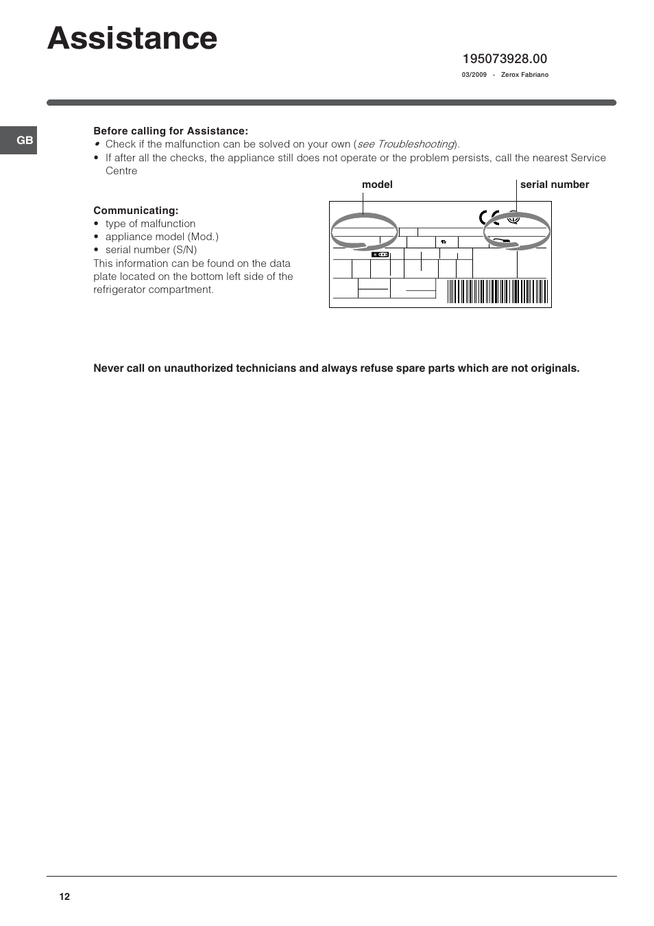 Assistance, Model serial number | Indesit PBAA33NFXDUK User Manual | Page 12 / 12