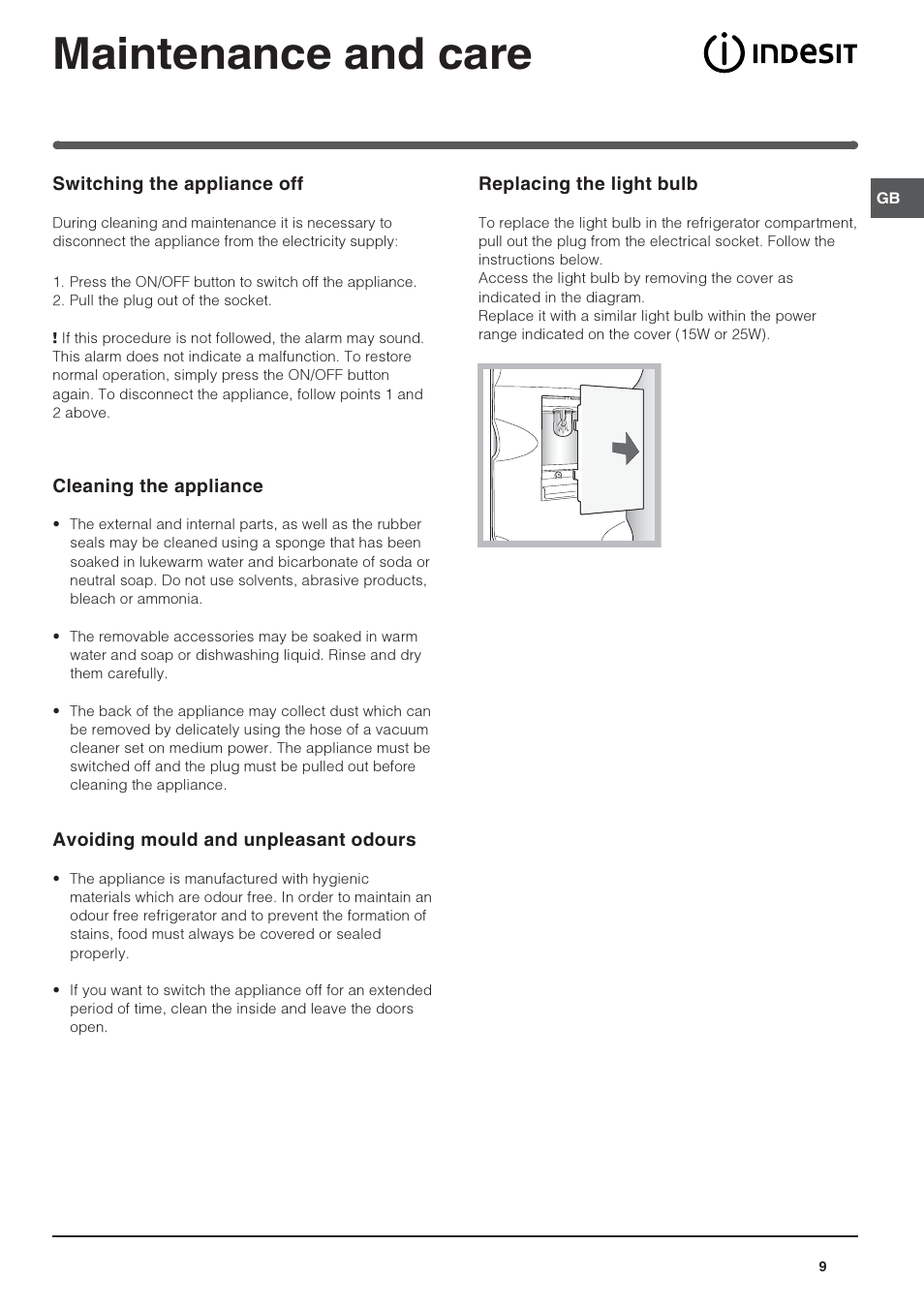 Maintenance and care | Indesit PBAA33NFXDUK User Manual | Page 9 / 12