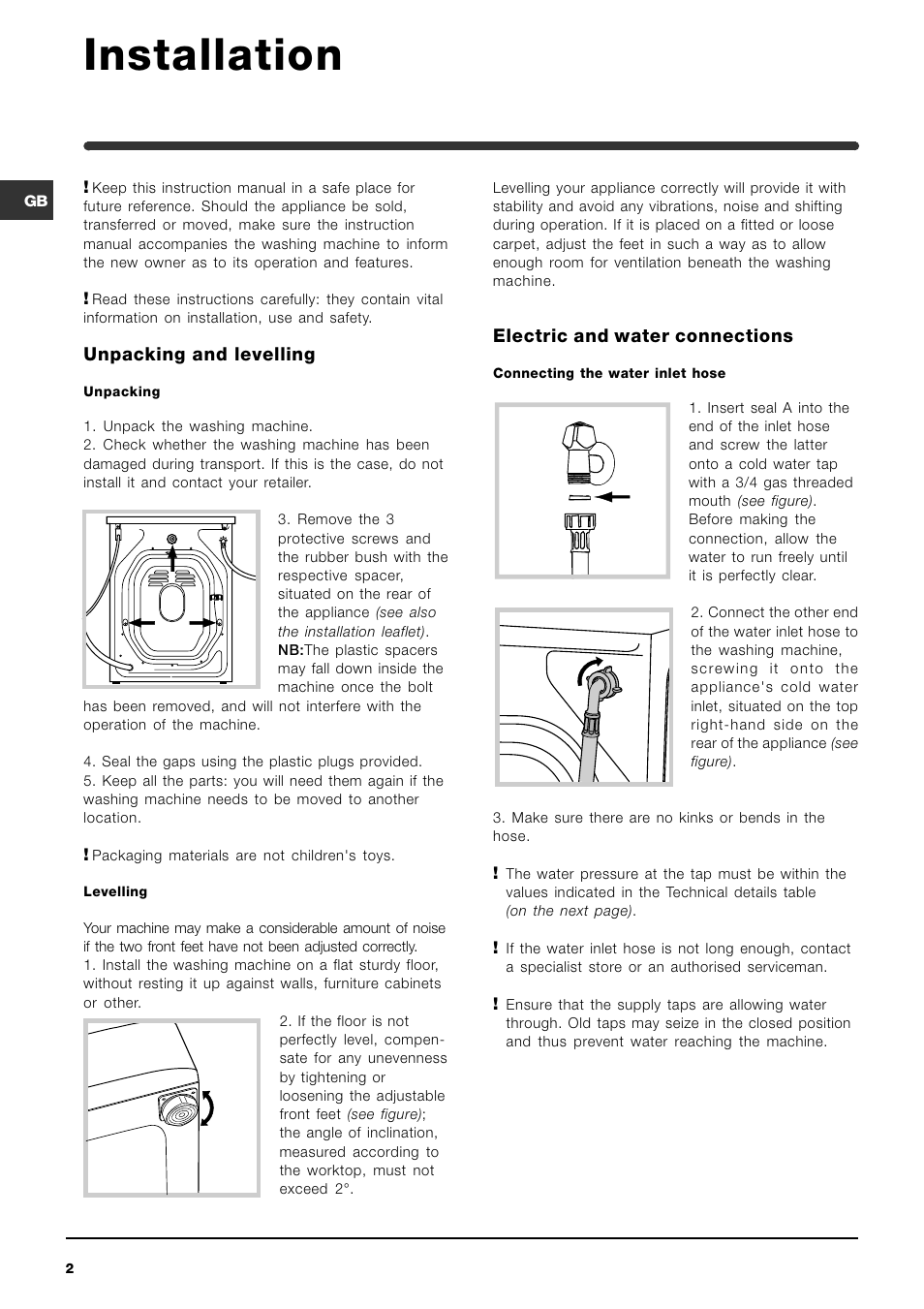 Installation, Unpacking and levelling, Electric and water connections | Indesit WIL133UKTEV User Manual | Page 2 / 16
