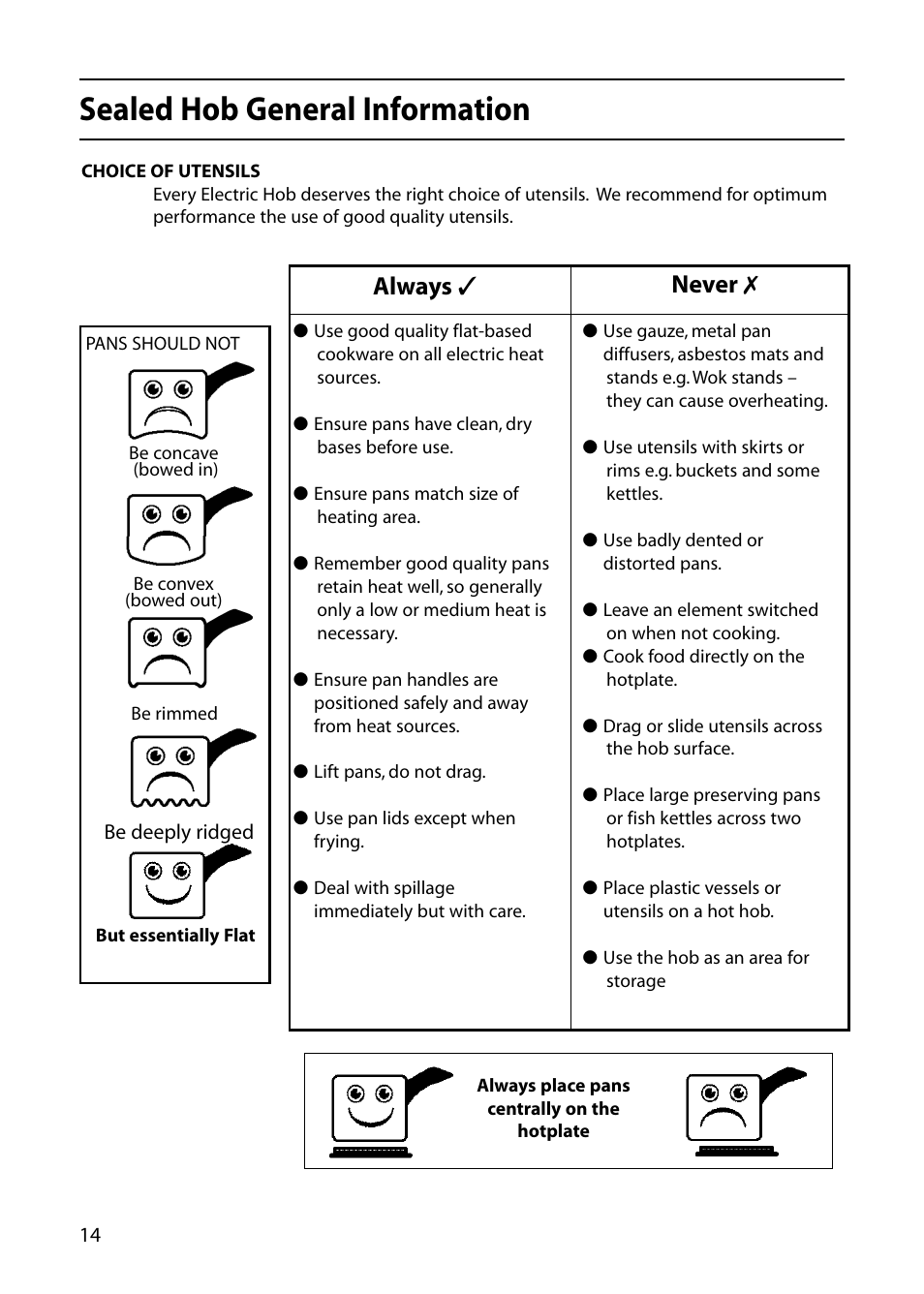 Sealed hob general information, Always, Never | Indesit KD6E35W – Electric User Manual | Page 14 / 32