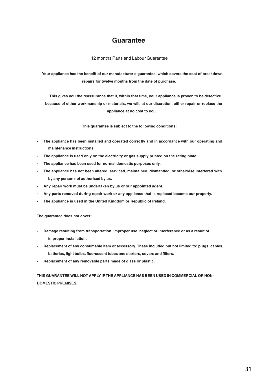 Guarantee | Indesit KD6E35W – Electric User Manual | Page 31 / 32