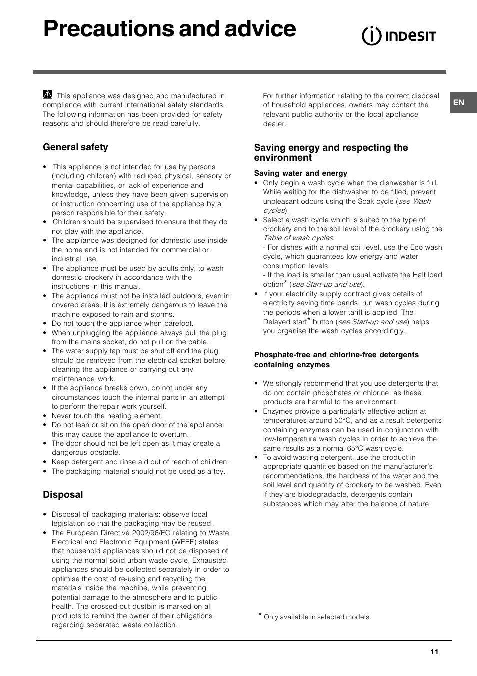 Precautions and advice, General safety, Disposal | Saving energy and respecting the environment | Indesit DIF1614UK User Manual | Page 11 / 16
