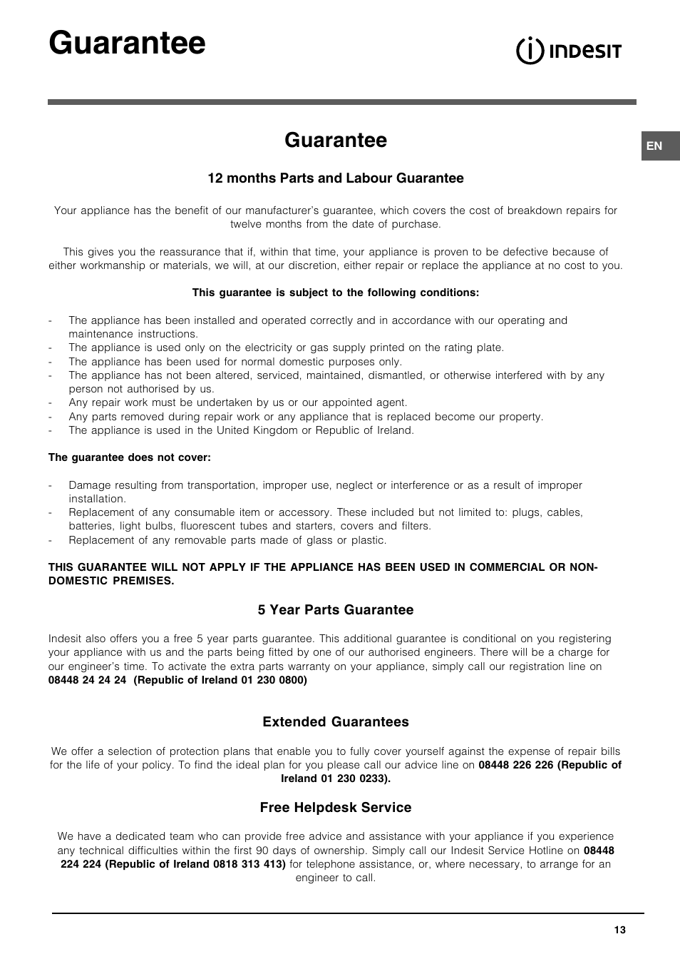 Guarantee | Indesit DIF1614UK User Manual | Page 13 / 16